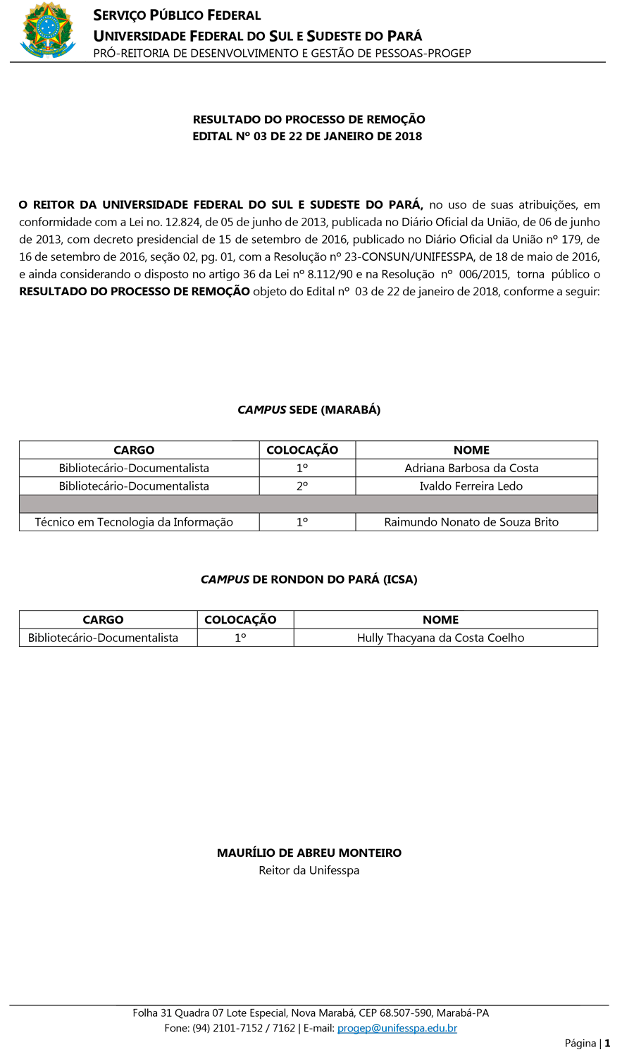 RESULTADO DO EDITAL DE REMOÇÃO 003 DE 2018