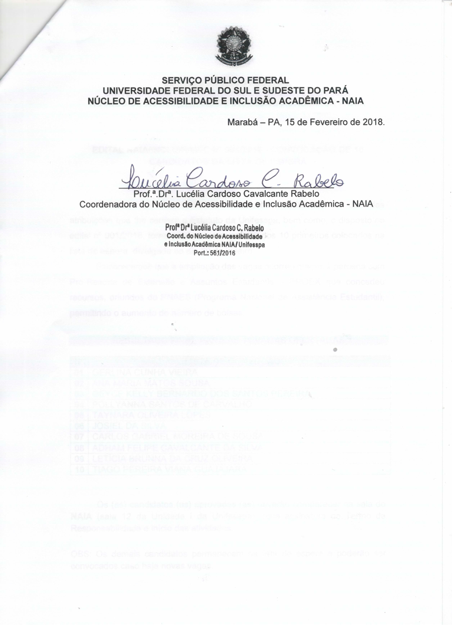 convocação de candidatos da lista de espera edita NAIA 001 2018 2 assina