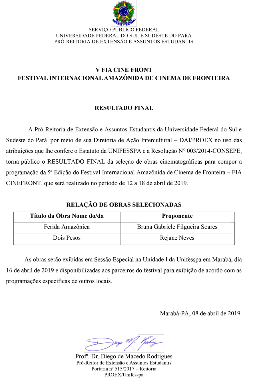 Resultado Final Seleção de Filmes Cinefront 2019