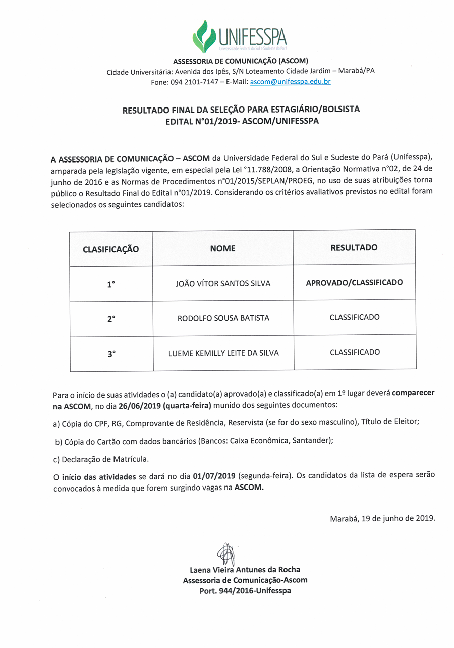 resultado ASCOM 01 2019