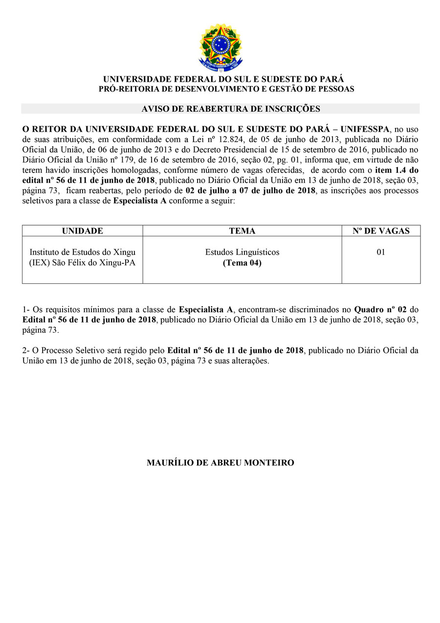 AVISO DE REABERTURA EDITAL 56 DE 2018 PSS 1