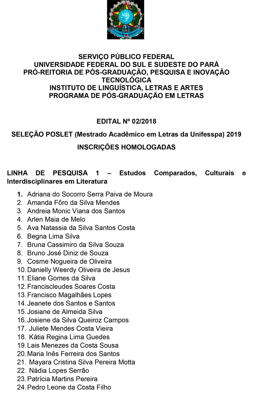 Homologação de Inscrições PROCESSO SELETIVO POSLET 2019 1