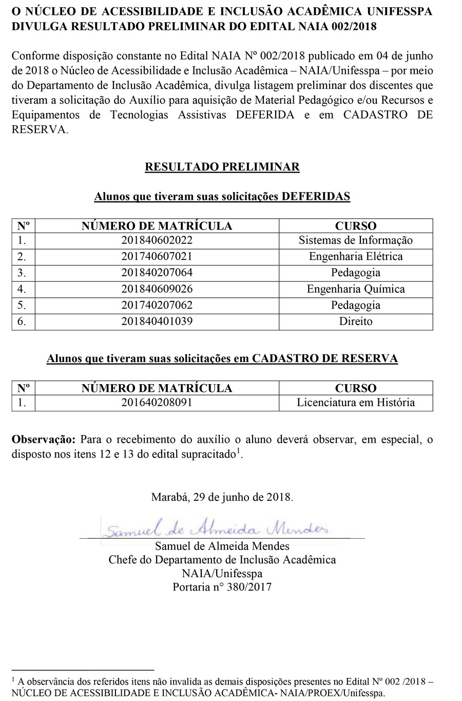 RESULTADO e Notícia do Edital 002 2018