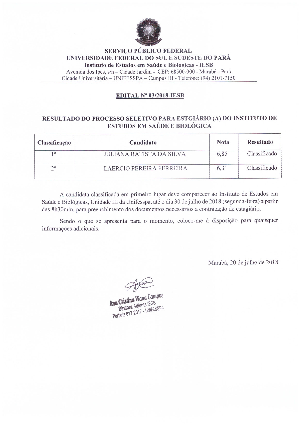 Resultado processo SELETIVO IESB